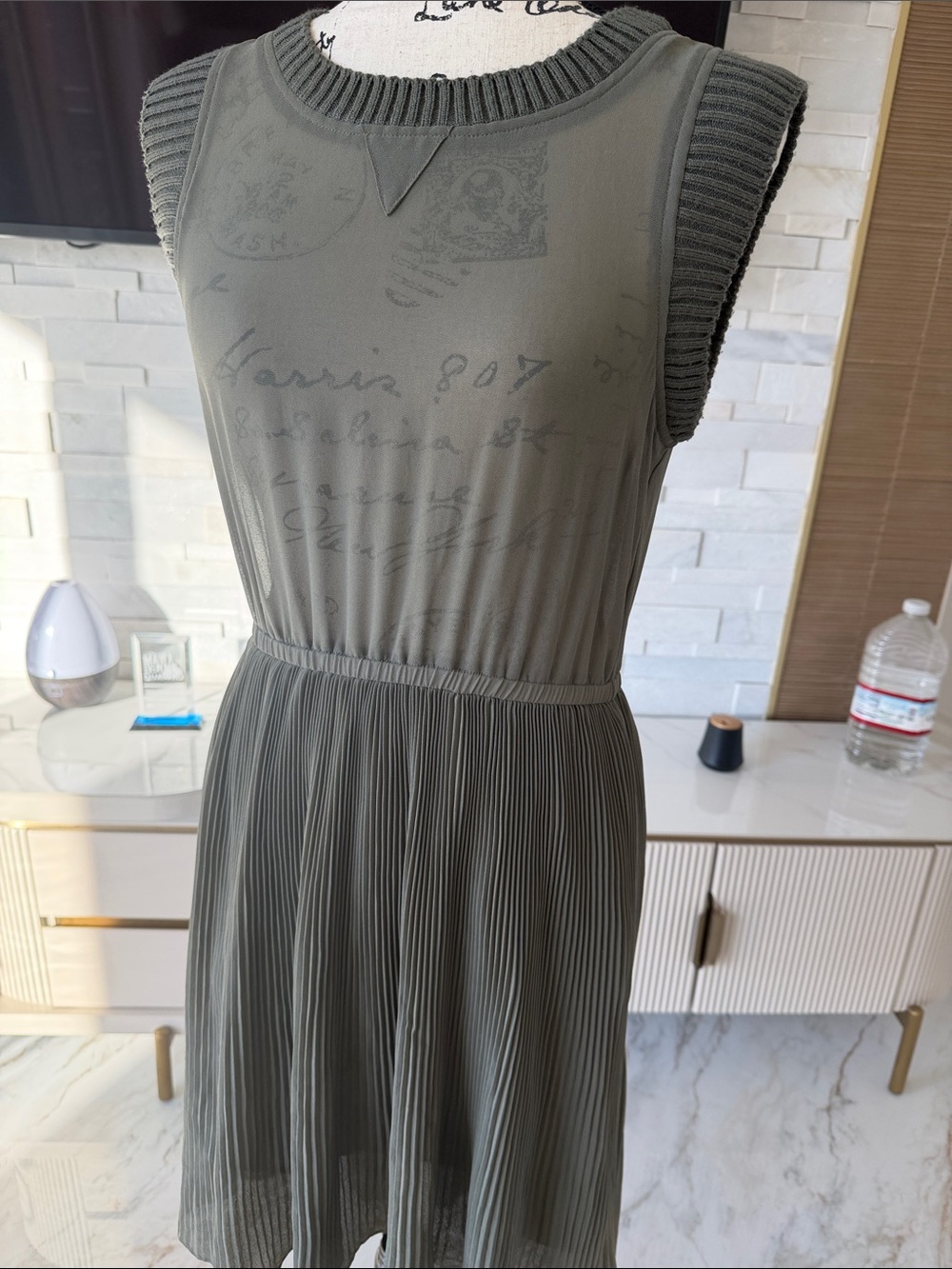 Bar II Sleeveless Olive Green Pleated chiffon Dress